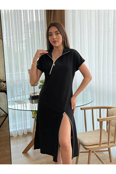 babatr.com Rochie de damă MDB cu mâneci scurte, cu fermoar la guler și la fus...