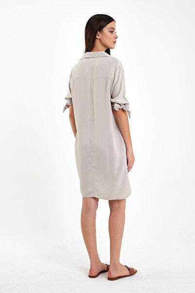 VENA Marissa Önü Düğmeli Kısa Kollu Keten Elbise-Taş