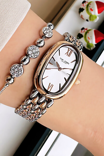 Tom Jones ساعة يد نسائية 3 ATM مقاومة للماء لون ذهبي وردي سوار فولاذي + سوار ...