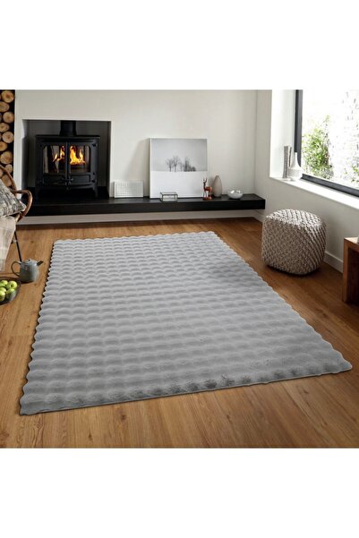 BESELY Açık Gri Yumuşak Bubble Kaymaz Özel Taban Modern Peluş Yıkanabilir Ant...