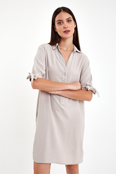 VENA Marissa Önü Düğmeli Kısa Kollu Keten Elbise-Taş