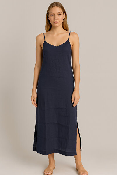 VENA Maxi Length Linen Dress with Rope Straps - Navy Blue