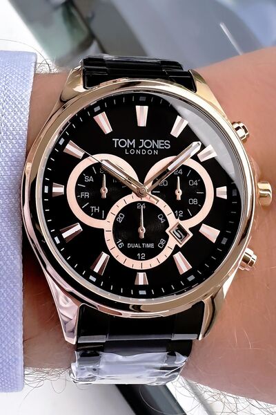 Tom Jones ساعة يد رجالية 3 اتم مقاومة للماء لون اسود سوار فولاذي Agr265