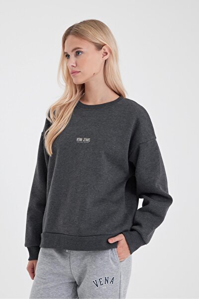 VENA Cindy Logo Baskılı Bisiklet Yaka Şardonlu Sweatshirt-Antrasit