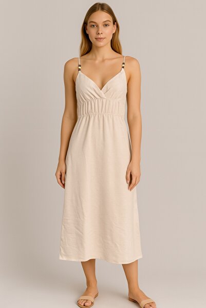 VENA Strappy Beaded Linen Midi Dress - Naturel