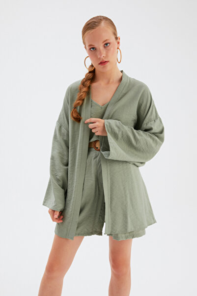 Sateen Kuşak Detaylı Salaş Kimono - Yeşil