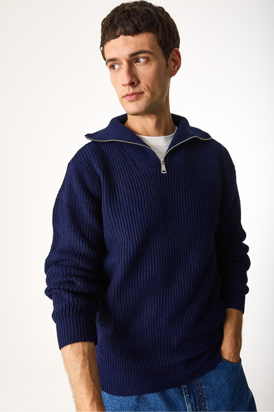 VENA Regular Fit Dik Yaka Yarım Fermuarlı Triko Kazak-Lacivert