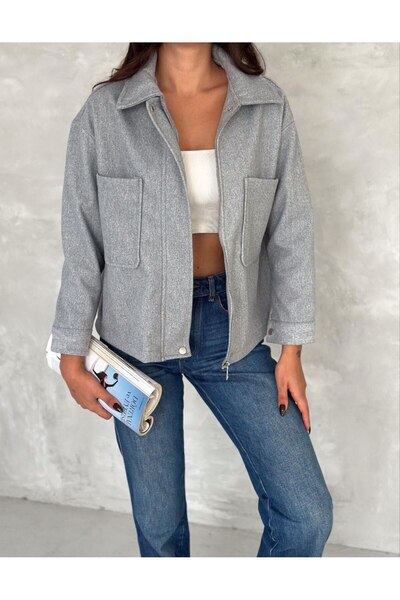 HSNGIYIM Kaşe Çift Cepli Fermuarlı Ceket