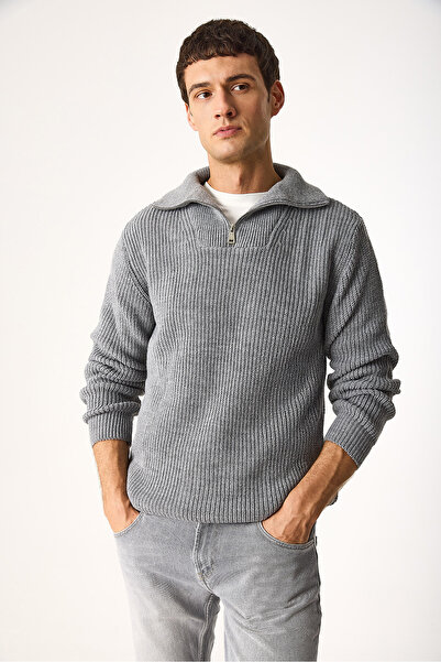 VENA Regular Fit Dik Yaka Yarım Fermuarlı Triko Kazak-Antrasit