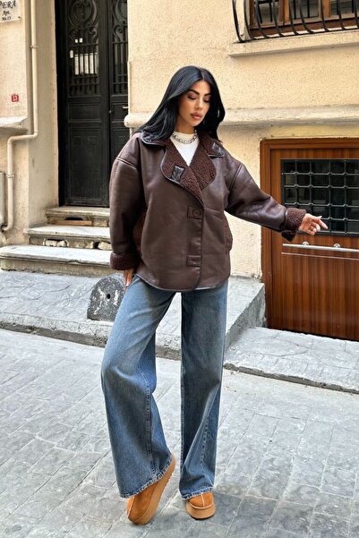 moda armanc Else Acı Kahve Dokulu Süet Içi Peluşlu Oversize Zr Model Mont