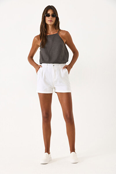 VENA Norah Beli Lastikli Renkli Jean Şort - BEYAZ