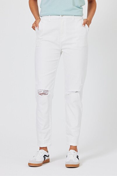 VENA Norah ελαστικό στη μέση πολύχρωμο τζιν παντελόνι με σκισίματα-Λευκό