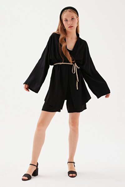 Sateen كيمونو فضفاض بتفاصيل وشاح - أسود