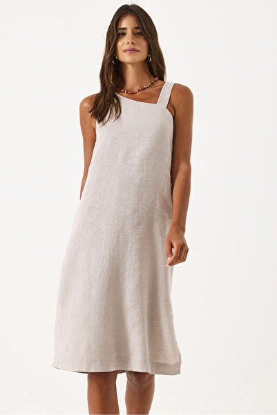 VENA Asymmetric Collar Linen Dress - Stone