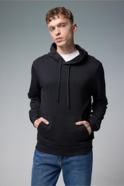VENA Ανδρικό φούτερ με κουκούλα από βασικό βαμβάκι-Μαύρο