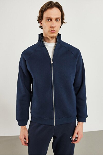 VENA Ανδρικό φούτερ με ψηλό γιακά Oversize με φερμουάρ μπροστά-Μπλε ναυτικό