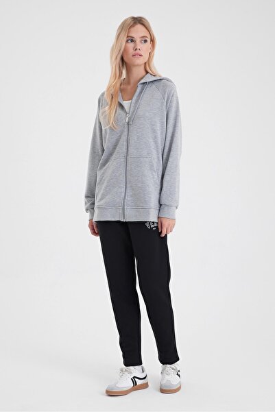 VENA Grace Hooded Zippered Regular Fit Basic Sweatshirt-Grey Melange