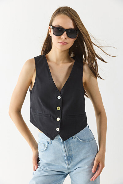 VENA Γυναικεία Λινό Γιλέκο Μπλούζα - ΜΑΥΡΗ
