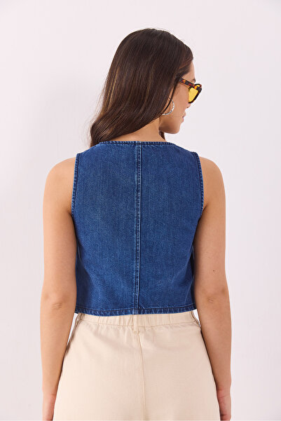 VENA Kare Yakalı Düğmeli Lyocell Dark Blue Jean Yelek - DARK BLUE