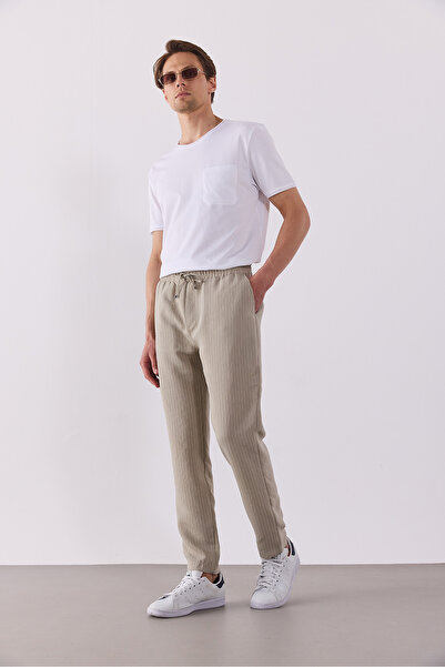 VENA Beli Lastikli Çizgili Pantolon - BEJ ÇİZGİLİ