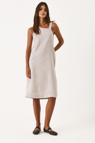 VENA Asymmetric Collar Linen Dress - Stone