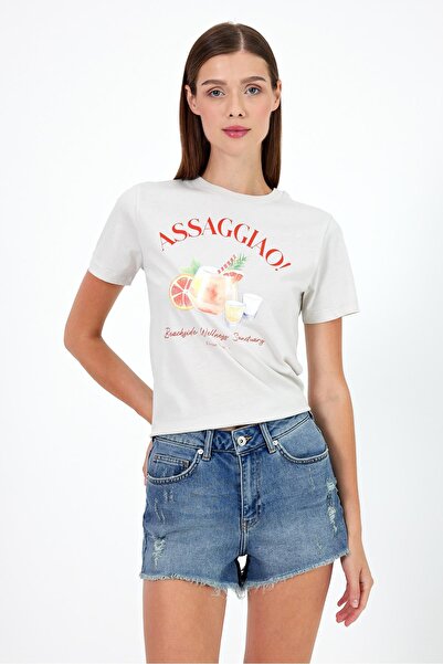 VENA Cocktail Baskılı Bisiklet Yaka Tişört-Taş