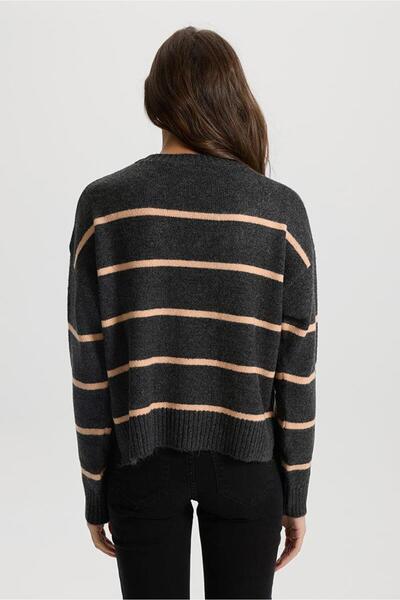 VENA Anita Bisiklet Yaka Triko Kazak-Antrasit - Turuncu Çizgili