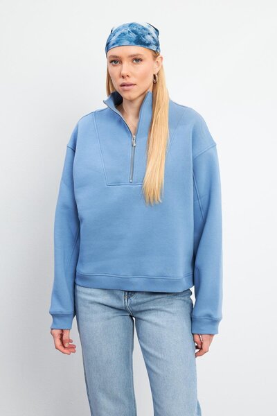 VENA Hanorac din bumbac cu jumătate de fermoar Marina-albastru