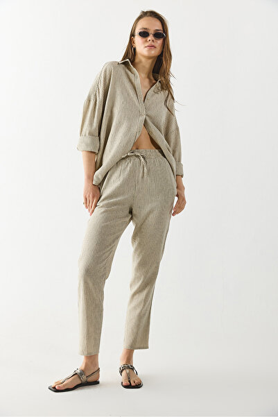 VENA Alian Beli Lastikli İnce Çizgili Keten Pantolon - LACİVERT ÇİZGİLİ