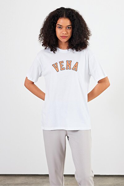 VENA Jeans Printed Crew Neck Regular Fit T-Shirt-White