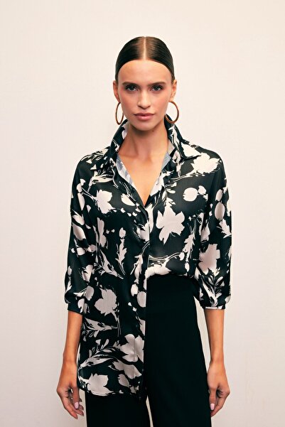 Sateen Desenli Oversize Gömlek - Siyah