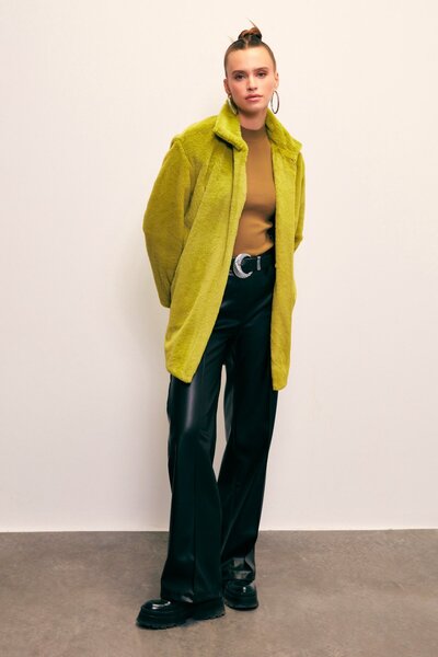 Sateen Leopar Astarlı Peluş Kaban - Yağ Yeşili