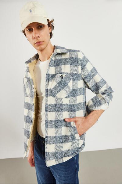 VENA Чоловіча сорочка-жакет з плюшевою підкладкою в клітинку - синя