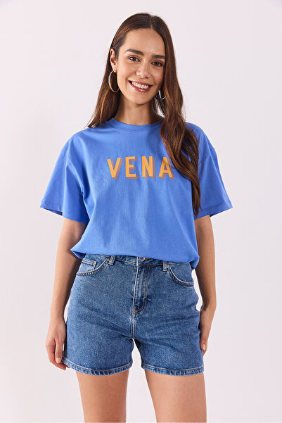 VENA Tricou oversize cu logo imprimat-albastru