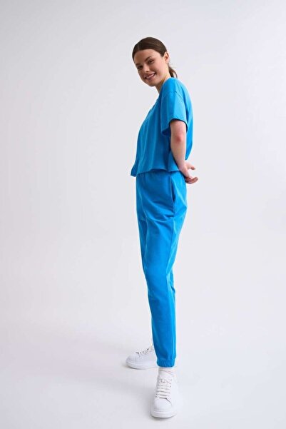 THERECOLOR Blue Organic Sweatpants Women's Regular Fit Lace-up