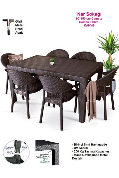 nar sokağı Bambu 90x150 Cm Camsız Rattan Bahçe Balkon Masa Takımı