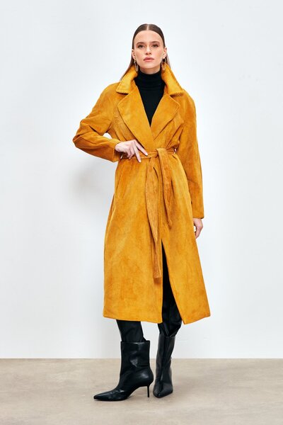 Sateen Long Velvet Trench Coat - Camel