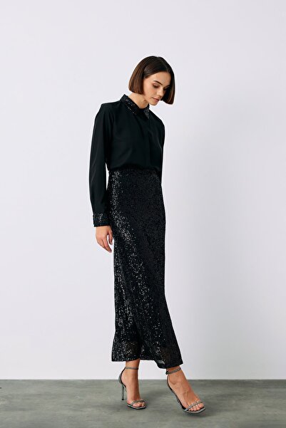 Sateen Payet Detaylı Klasik Gömlek - Siyah