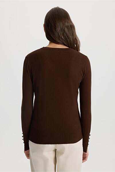 VENA Mona Bisiklet Yaka Kolu Düğmeli Triko Kazak-Kahve