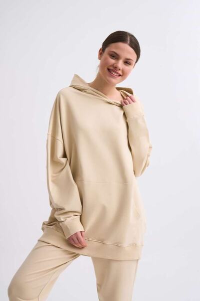 THERECOLOR Органічна довга кофта з капюшоном, світло-бежева, жіноча