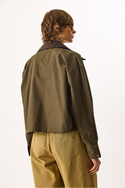 VENA Women's Velvet Collar Regular Fit Gabardine Jacket - Khaki