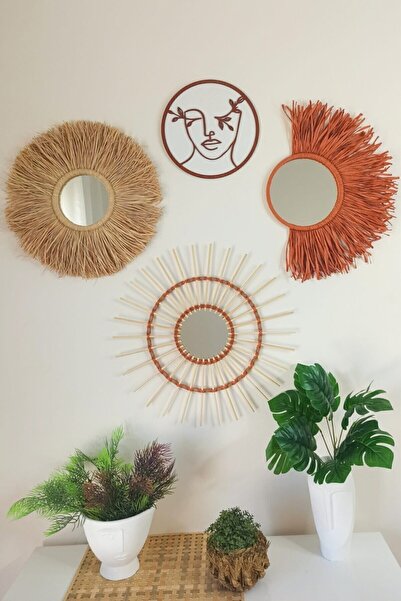 Bubihome Kiremit Bohem Rafya Bambu Ayna 4'lü Set - El Yapımı Doğal Duvar Dekorasyonu