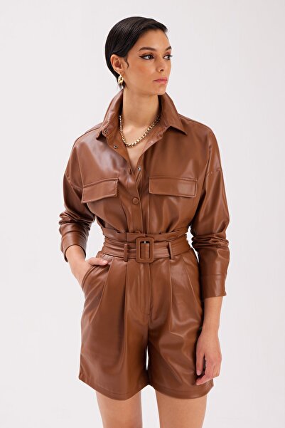 Sateen Kemerli Deri Şort - Kahve