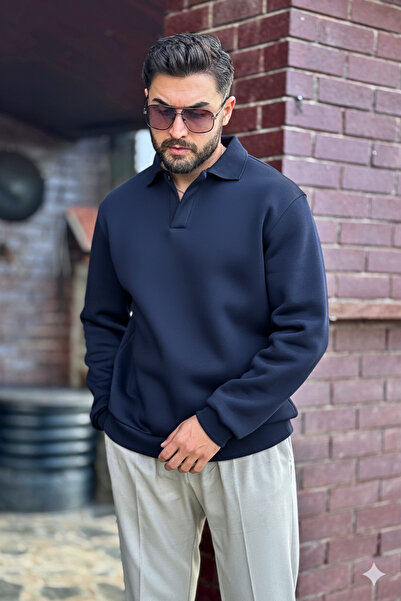 GUARAZ Чоловічий синій поло з коміром з бавовняної м'якої товстої тканини Oversize Sweatshirt