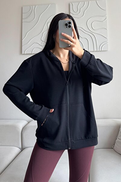 SOO Modal Fabric Relax Fit Μακρυμάνικο με τσέπες με κουκούλα με φερμουάρ Μαύρο γυναικείο φούτερ και μπλουζάκι