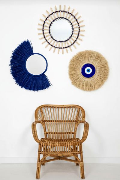 Bubihome Lacivert Yelpaze & Bambu Çubuklu Ayna & Rafya Nazar Boncuğu Üçlü Set