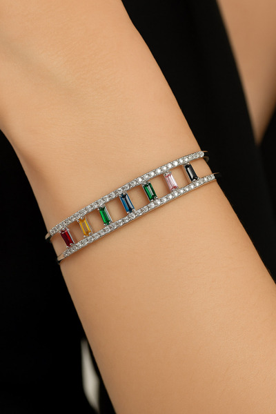 TREND COLLECTİON Kadın Gümüş Rengi Gökkuşağı Taşlı Işıltılı Bileklik