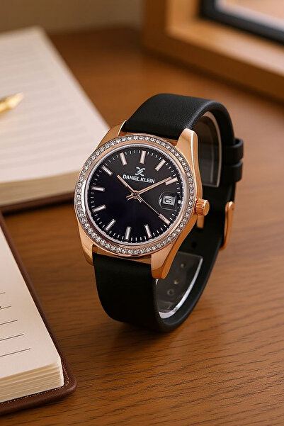 Daniel Klein Zarif, Taşlı, Takvimli, Siyah Deri Kayışlı, Rose Kasa, Bileklik Hediyeli Kadın Kol Saati