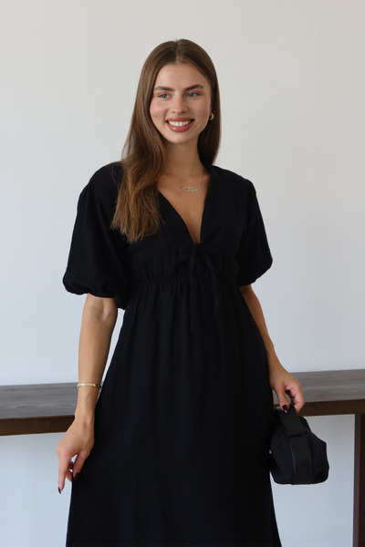 Balenbi Γυναικείο ελαφρύ διαφανές βασικό φόρεμα μουσελίνας με δέσιμο μπροστά 1105