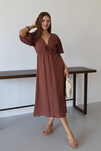 Balenbi Γυναικείο ελαφρύ διαφανές βασικό φόρεμα μουσελίνας με δέσιμο μπροστά 1105